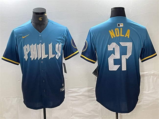 Men's Philadelphia Phillies #27 Aaron Nola Blue 2024 City Connect Limited Stitched Jersey